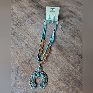 NWT BLUE TURQUOISE Squash blossom beaded necklace set